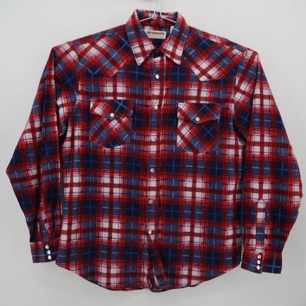 McGregor Bagpiper Western Shirt Mens M Pearl Snap Flannel Cotton Red Blue Plaid